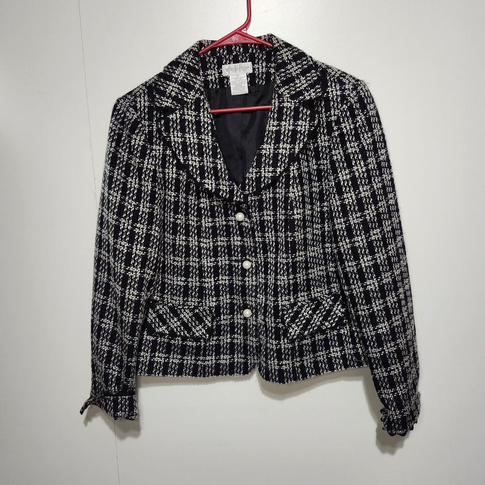 Women’s Size 12 Worthington Black White Plaid Blazer Jacket Rick-Rack Trim